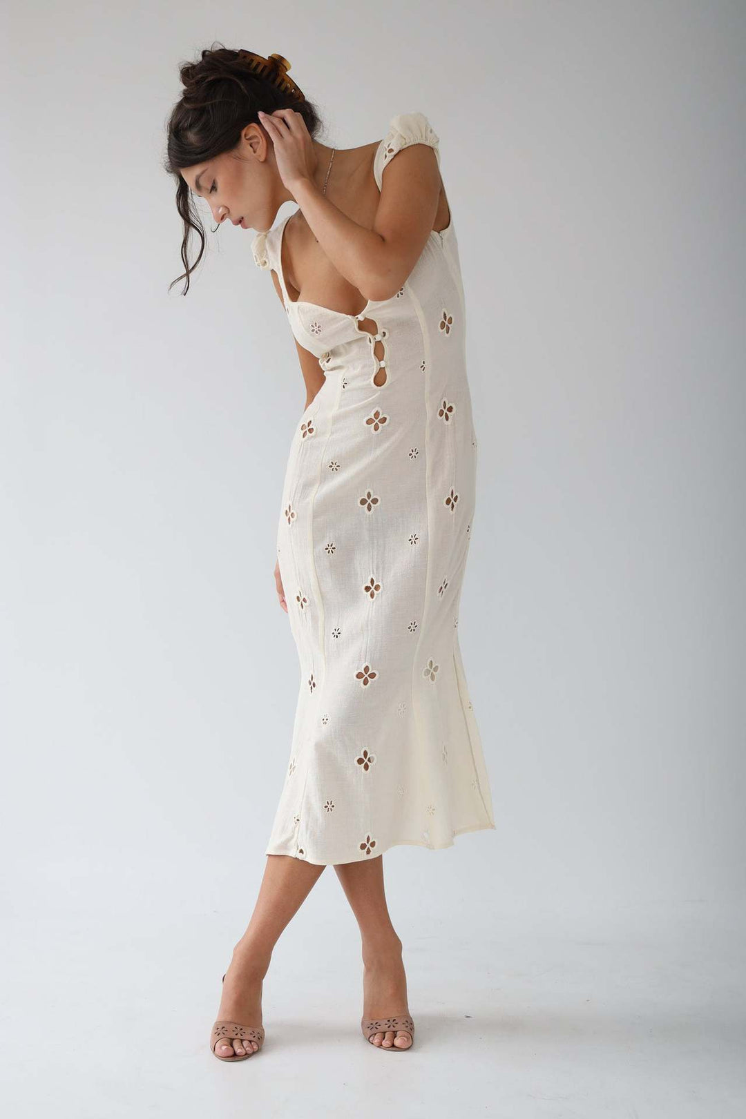 Kimberly | Midi Wedding Guest Dress with Embroidered Detail and Sweetheart Neck