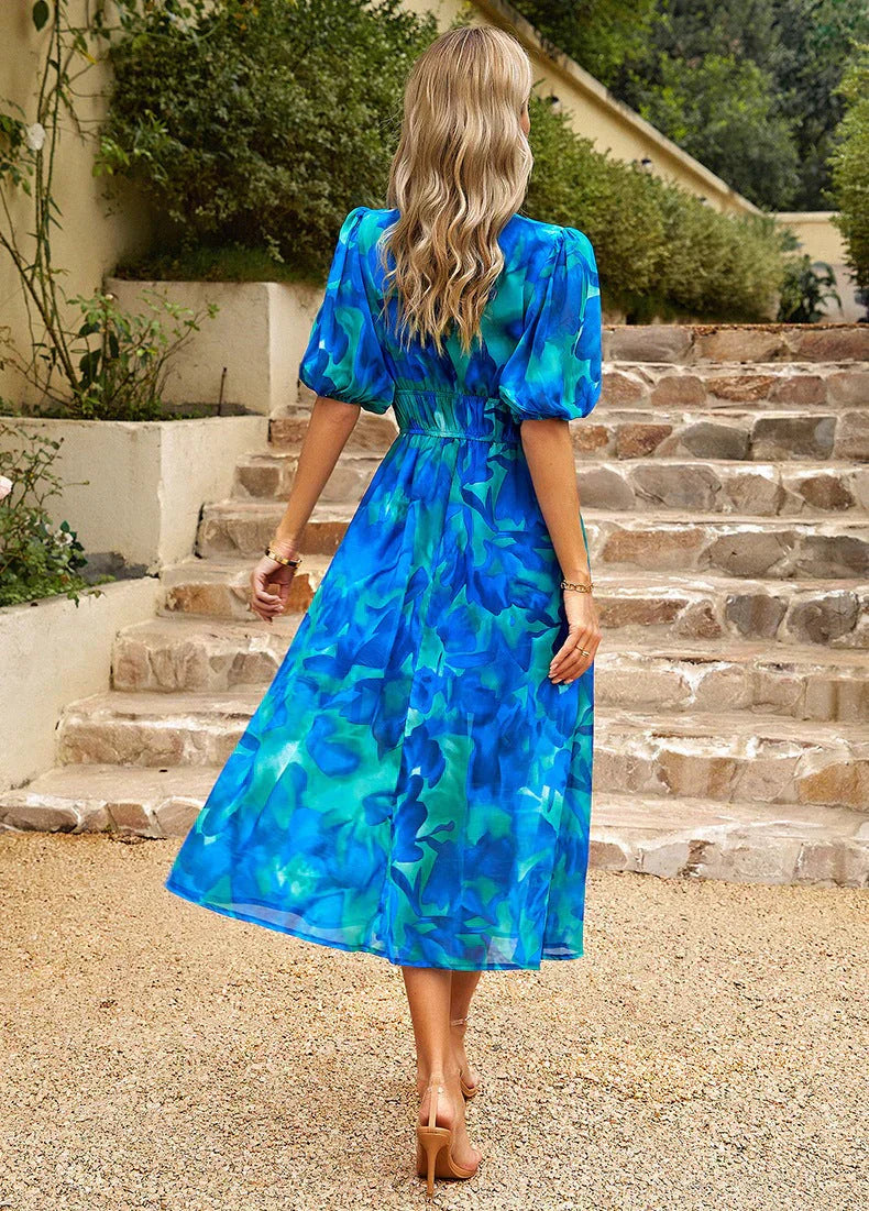 Ingrid | Midi Wedding Guest Dress with Floral Print and V-Neck