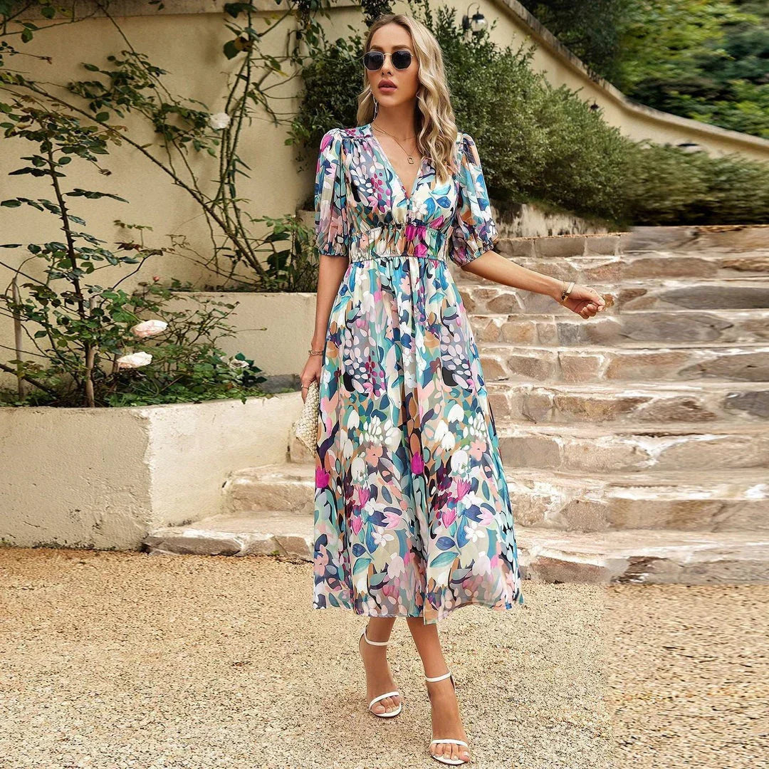 Innova | Midi Summer Dress with Floral Print and V-Neck