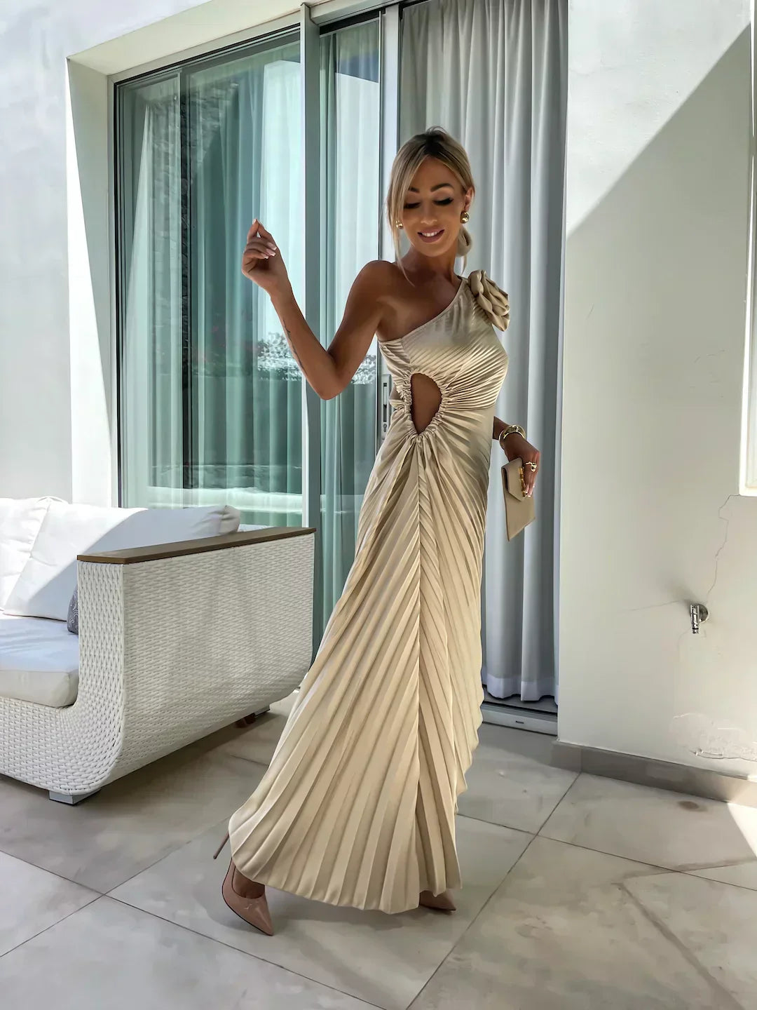Lizbeth | Midi Wedding Guest Dress with One Shoulder and Pleated Skirt