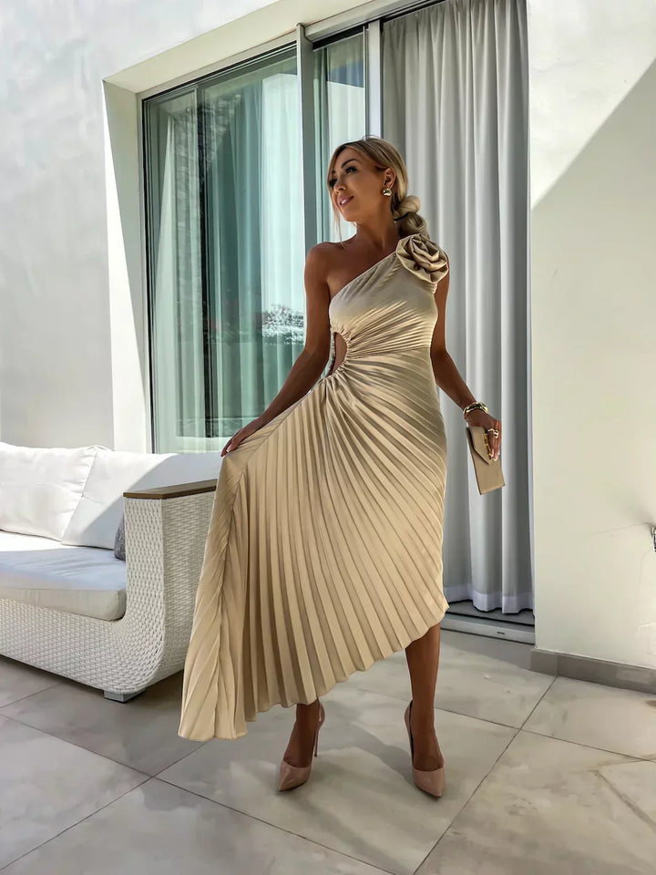 Lizbeth | Midi Wedding Guest Dress with One Shoulder and Pleated Skirt