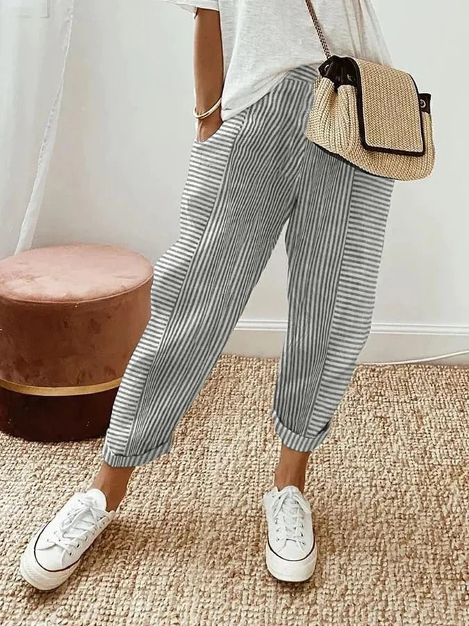Erin | Striped Trousers with Tapered Fit and Cuffed Hem