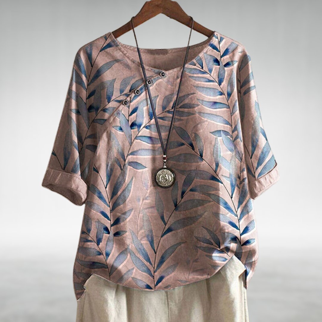 Willa | Leaf Print Blouse with Round Neckline and Short Sleeves