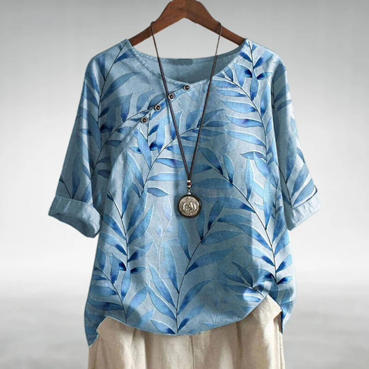Willa | Leaf Print Blouse with Round Neckline and Short Sleeves