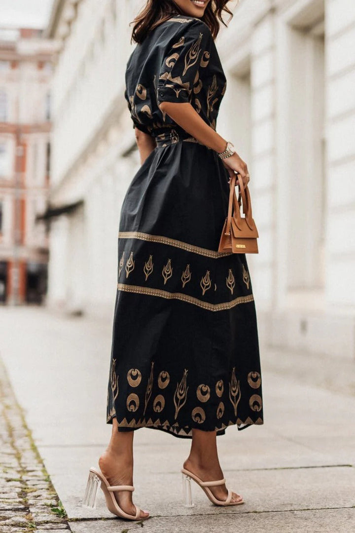 Fiona | Midi Summer Dress with Abstract Print and Belted Waist