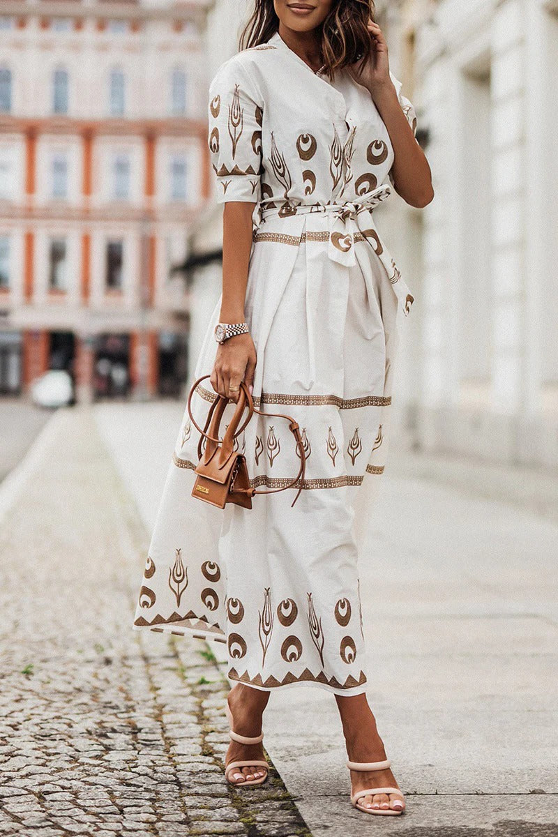 Fiona | Midi Summer Dress with Abstract Print and Belted Waist