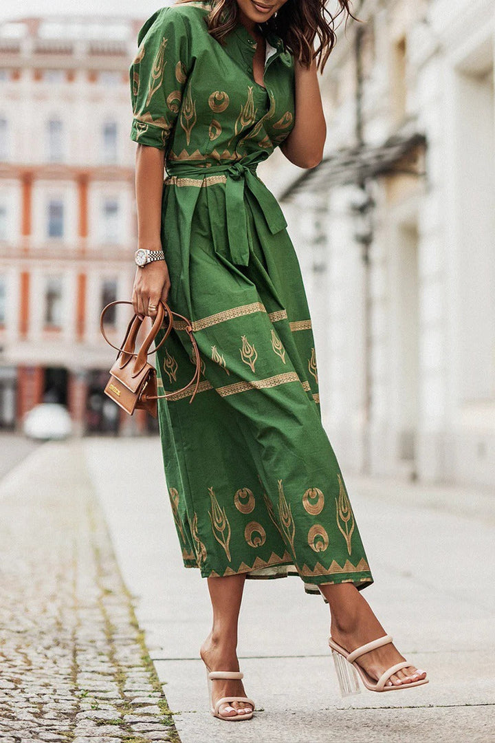 Fiona | Midi Summer Dress with Abstract Print and Belted Waist