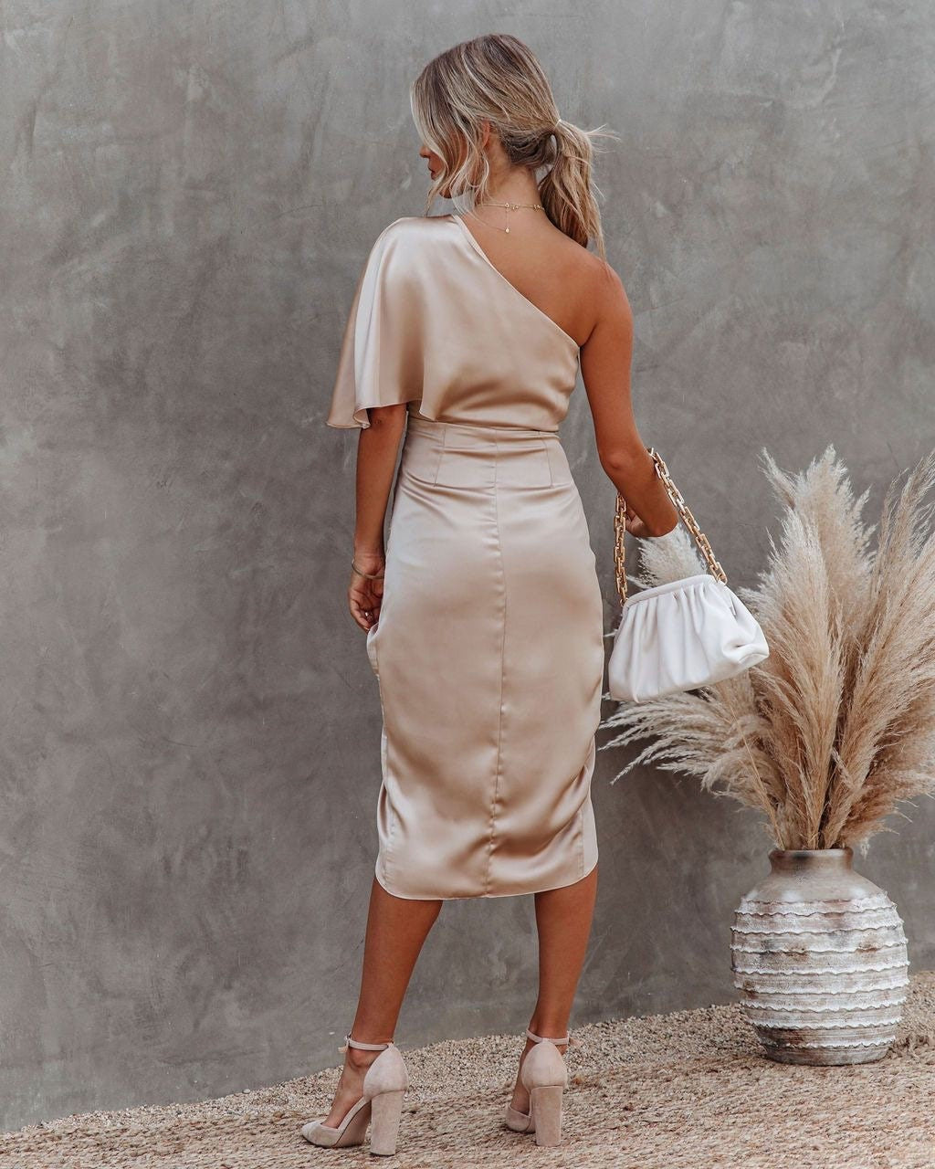 Beth | Midi Wedding Guest Dress with One Shoulder and Side Slit