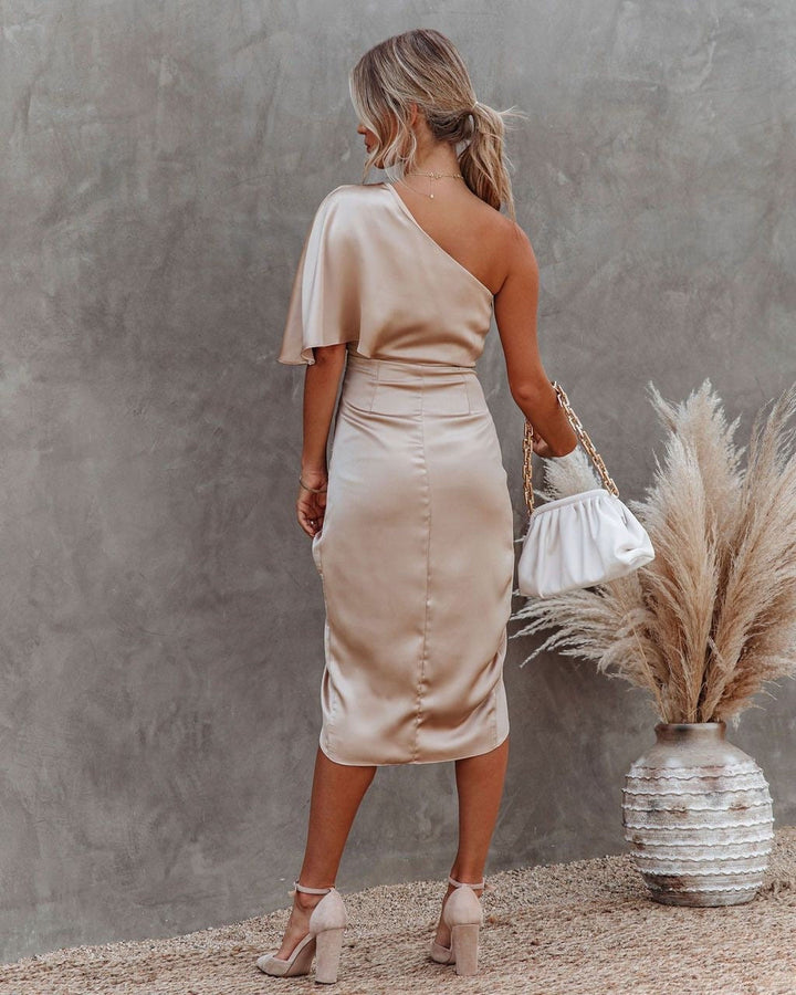 Beth | Midi Wedding Guest Dress with One Shoulder and Side Slit
