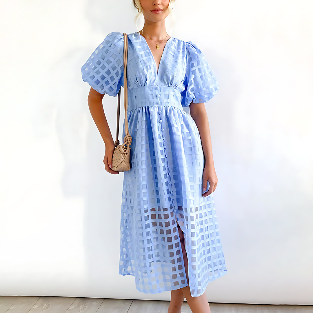 Juli | Midi Summer Dress with V-Neck and Puff Sleeves