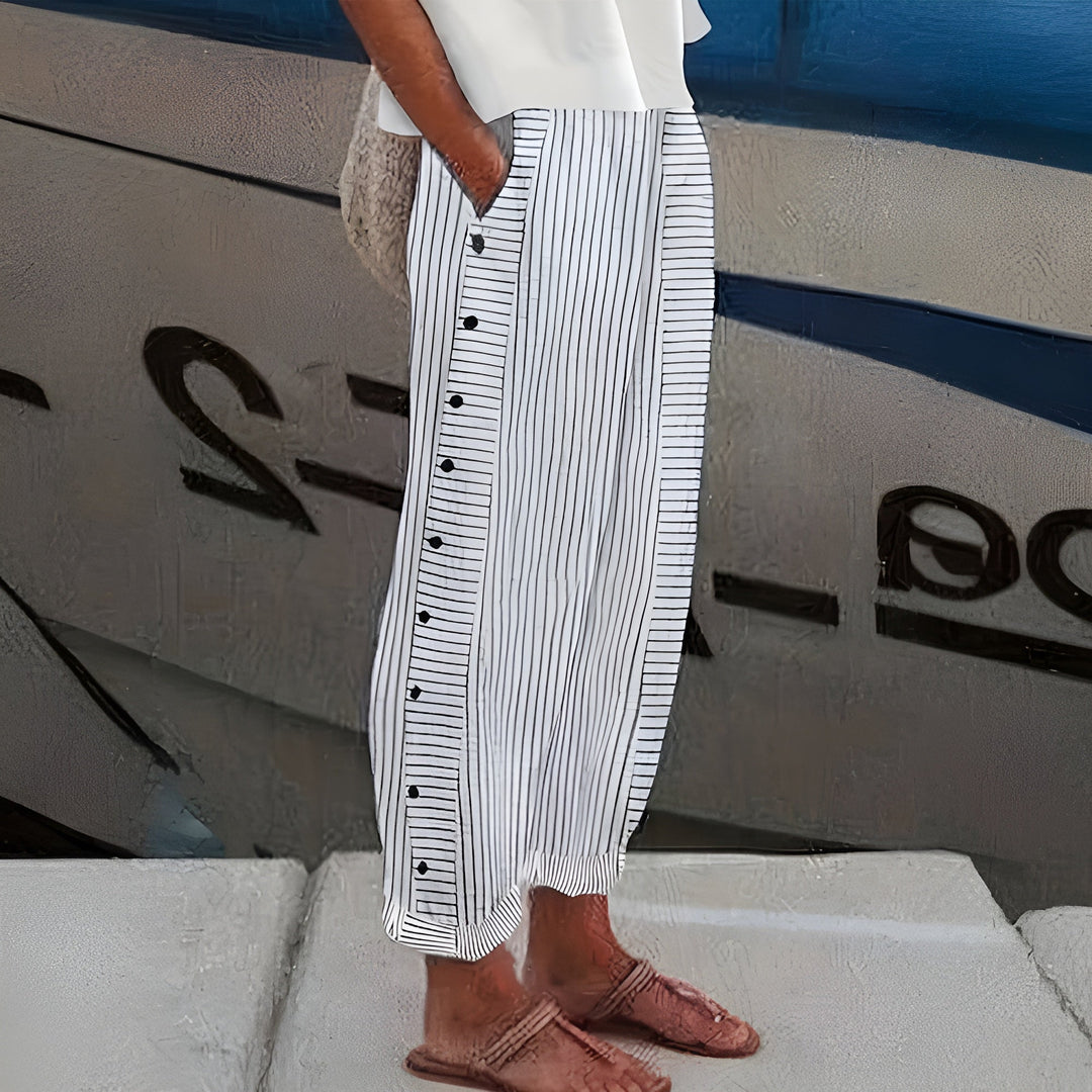 Lila | Wide Leg Trousers with Striped Print and Button Detail