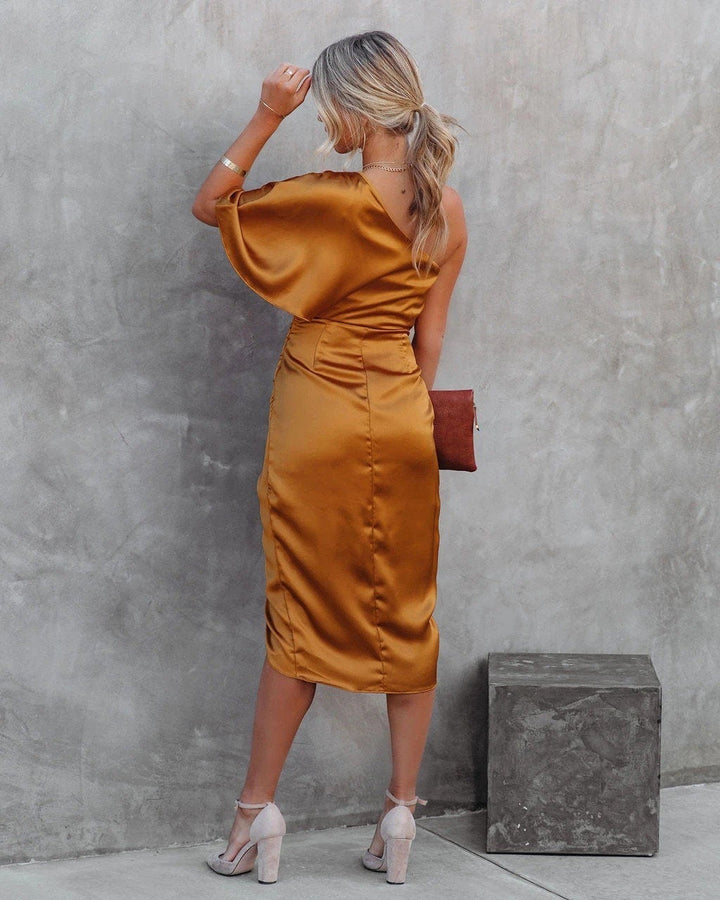 Beth | Midi Wedding Guest Dress with One Shoulder and Side Slit