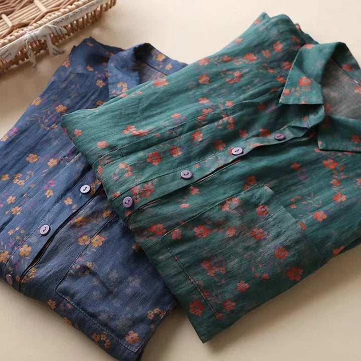 Hana | Floral Print Blouse with Shirt Collar and Short Sleeves
