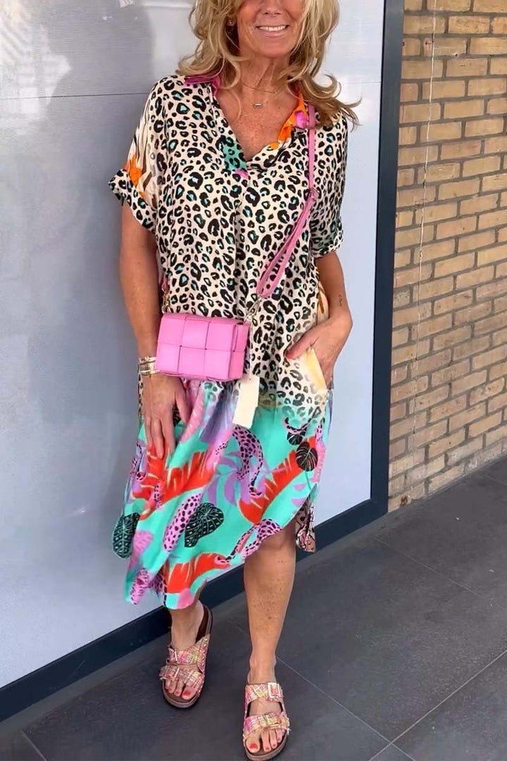 Irene | Midi Summer Dress with Leopard Print and Short Sleeves
