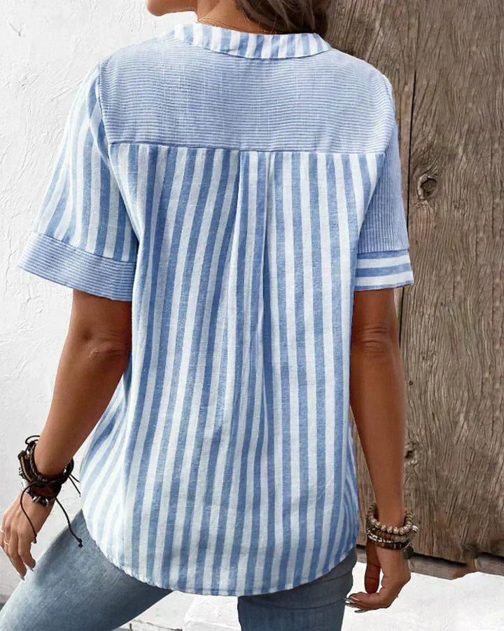 Nia | Striped Top with V Neckline and Button Detail