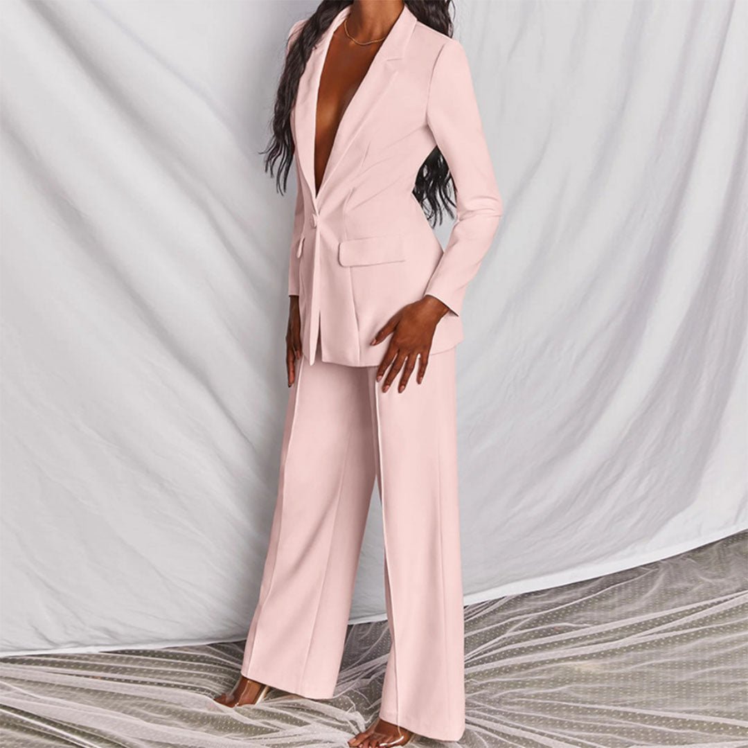 Serena | Blazer Set with Wide Leg Trousers and Deep V Lapel