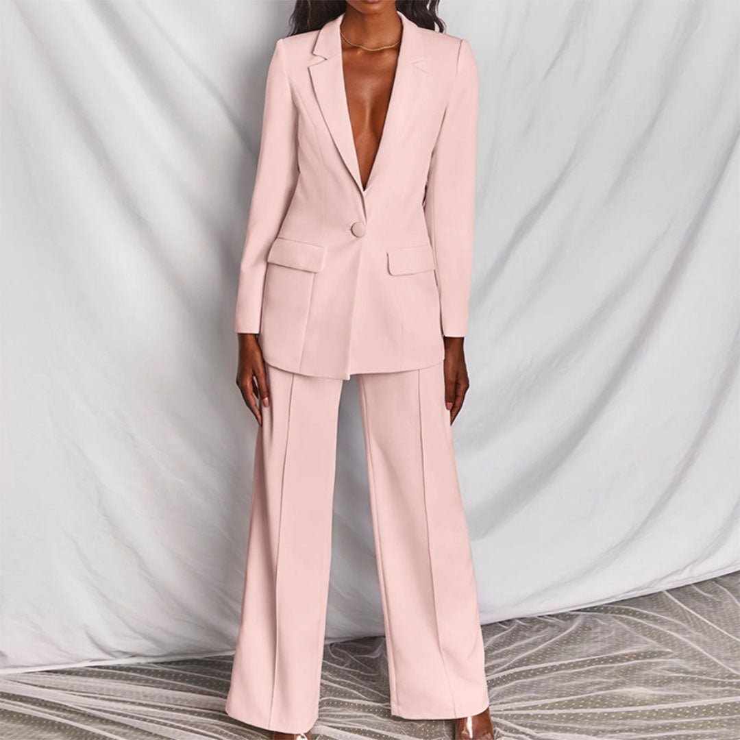 Serena | Blazer Set with Wide Leg Trousers and Deep V Lapel