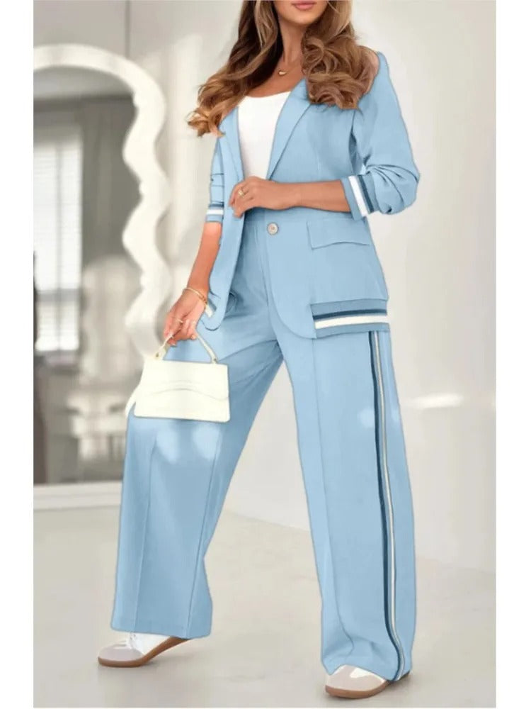 Diana | Blazer Set with Wide Leg Trousers and Stripe Trim