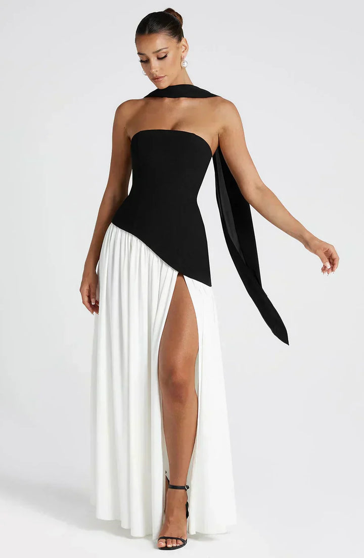 Fiona | Maxi Wedding Guest Dress with Strapless Bodice and Asymmetric Hem