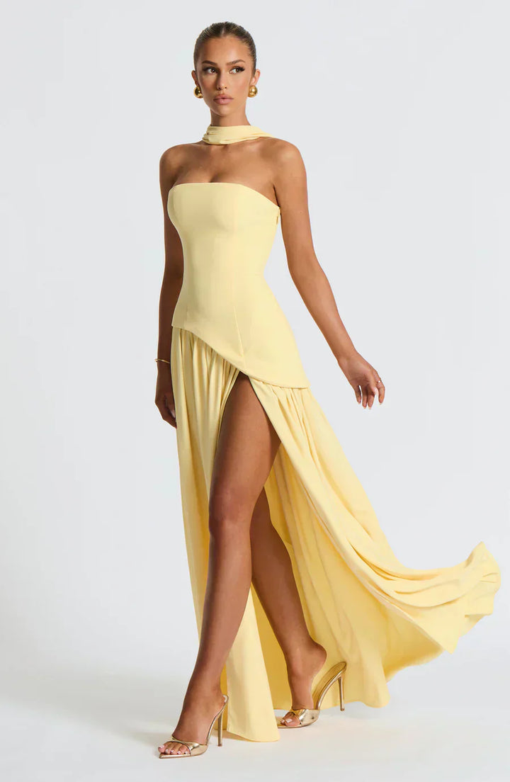 Fiona | Maxi Wedding Guest Dress with Strapless Bodice and Asymmetric Hem