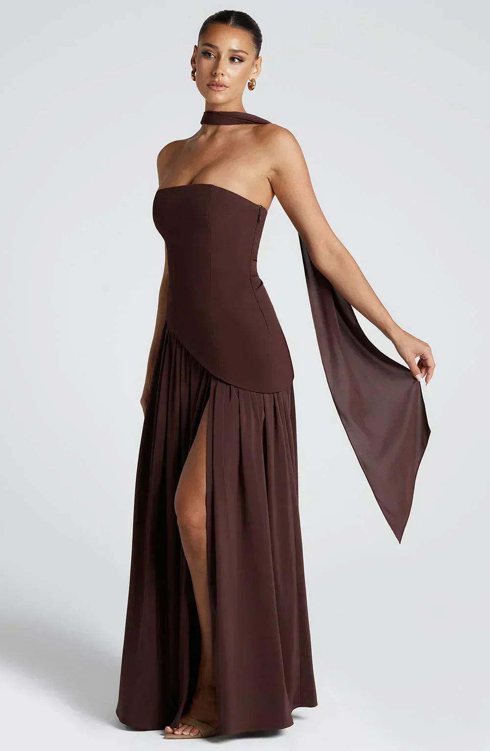 Fiona | Maxi Wedding Guest Dress with Strapless Bodice and Asymmetric Hem