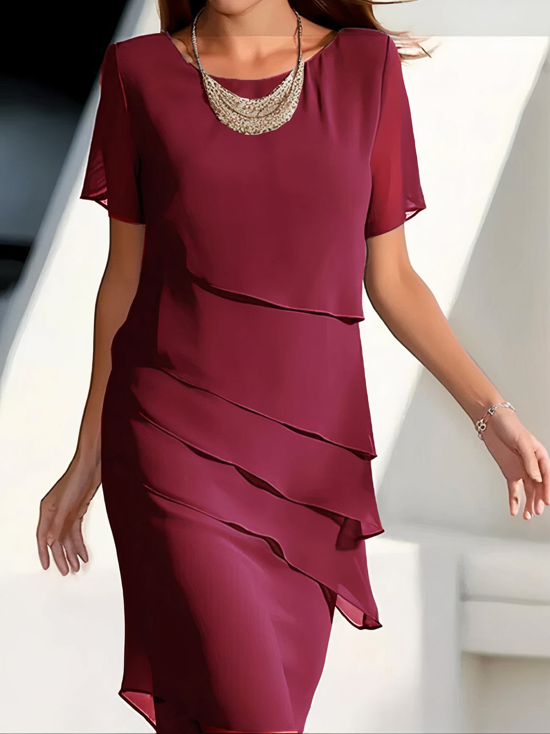 Arya | Midi Cocktail Dress with Round Neck and Tiered Skirt