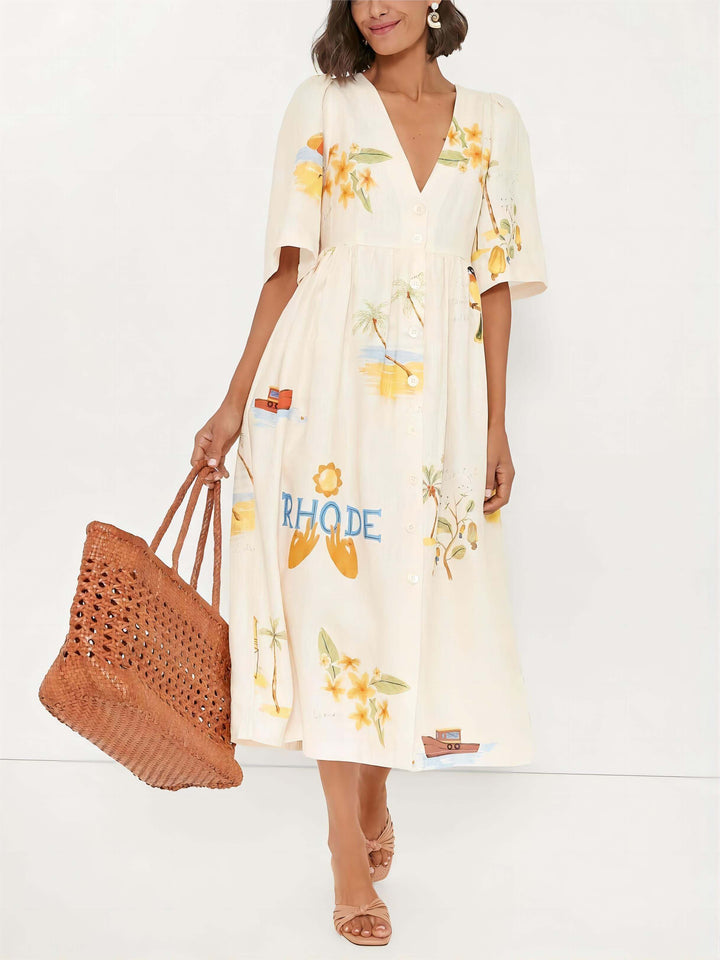 Gina | Midi Summer Dress with V-Neck and Novelty Print