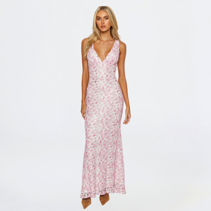 Chloe | Maxi Wedding Guest Dress with Floral Print and Open Back