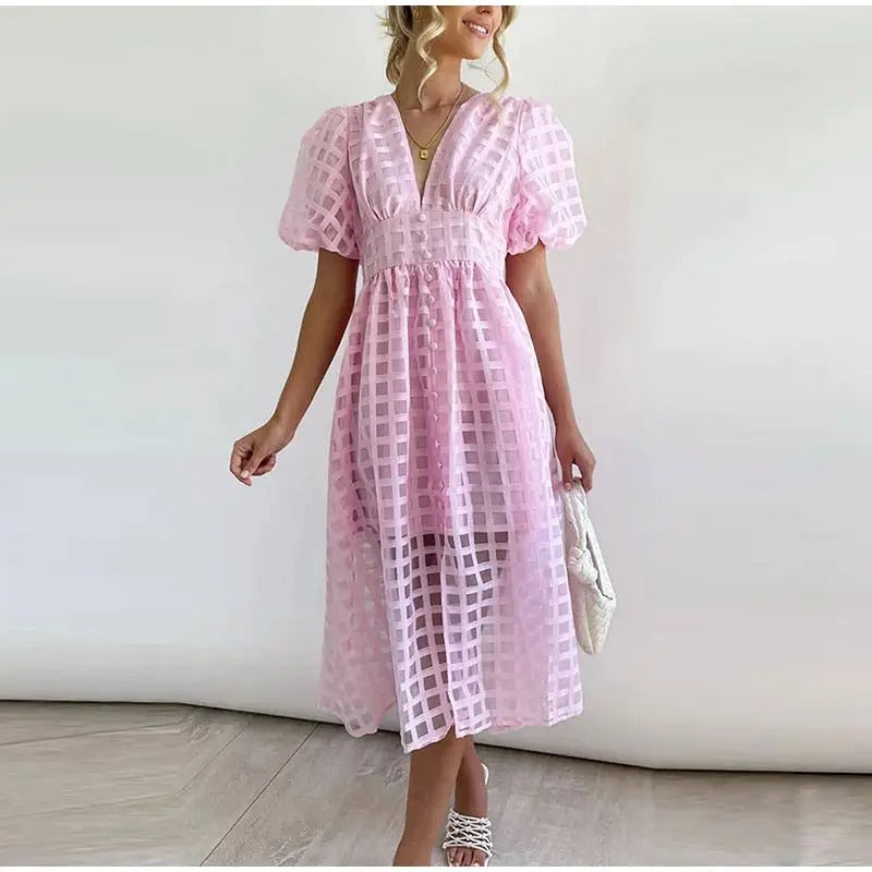 Juli | Midi Summer Dress with V-Neck and Puff Sleeves