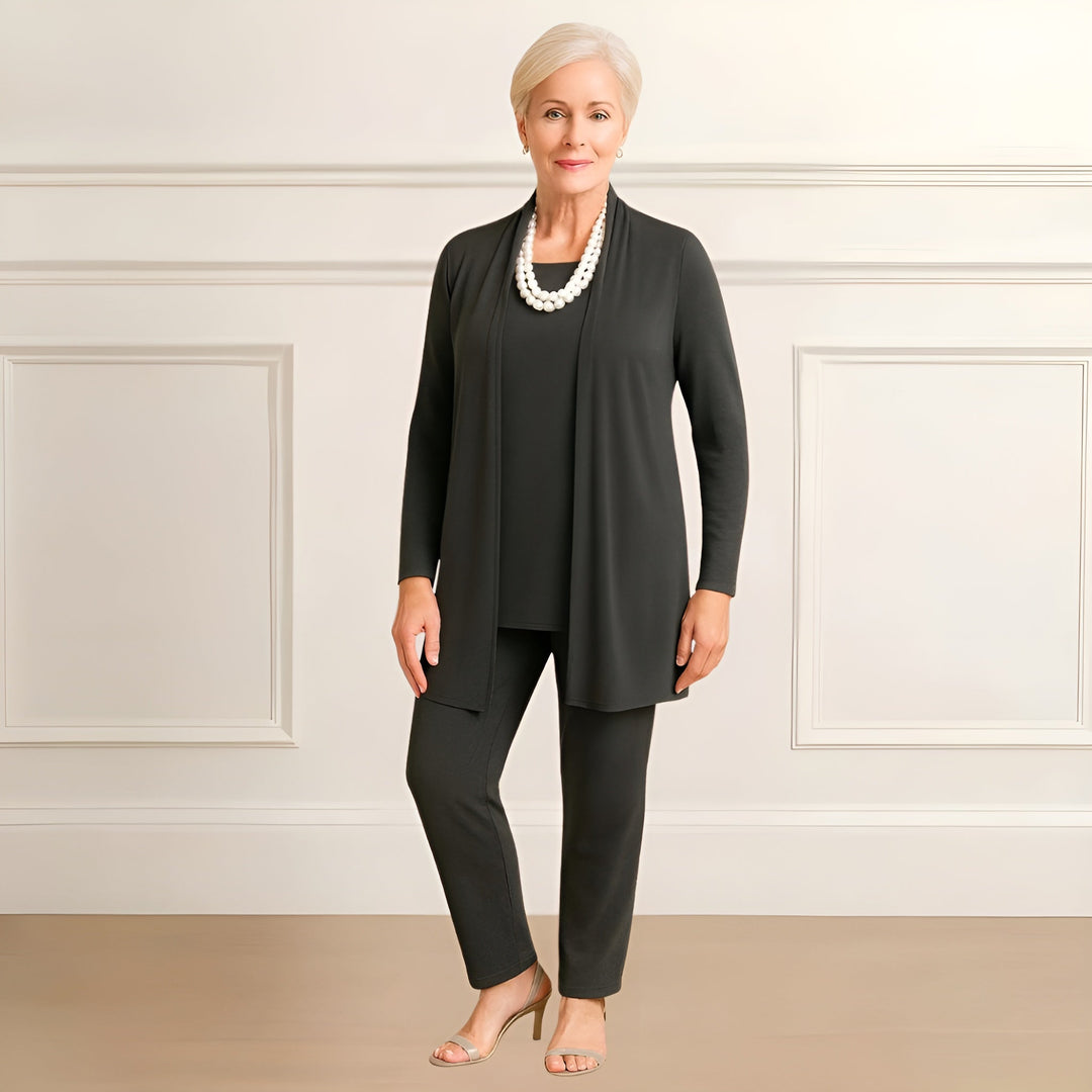 Mara | Three-Piece Occasion Set with Longline Cardigan and Straight-Leg Pants