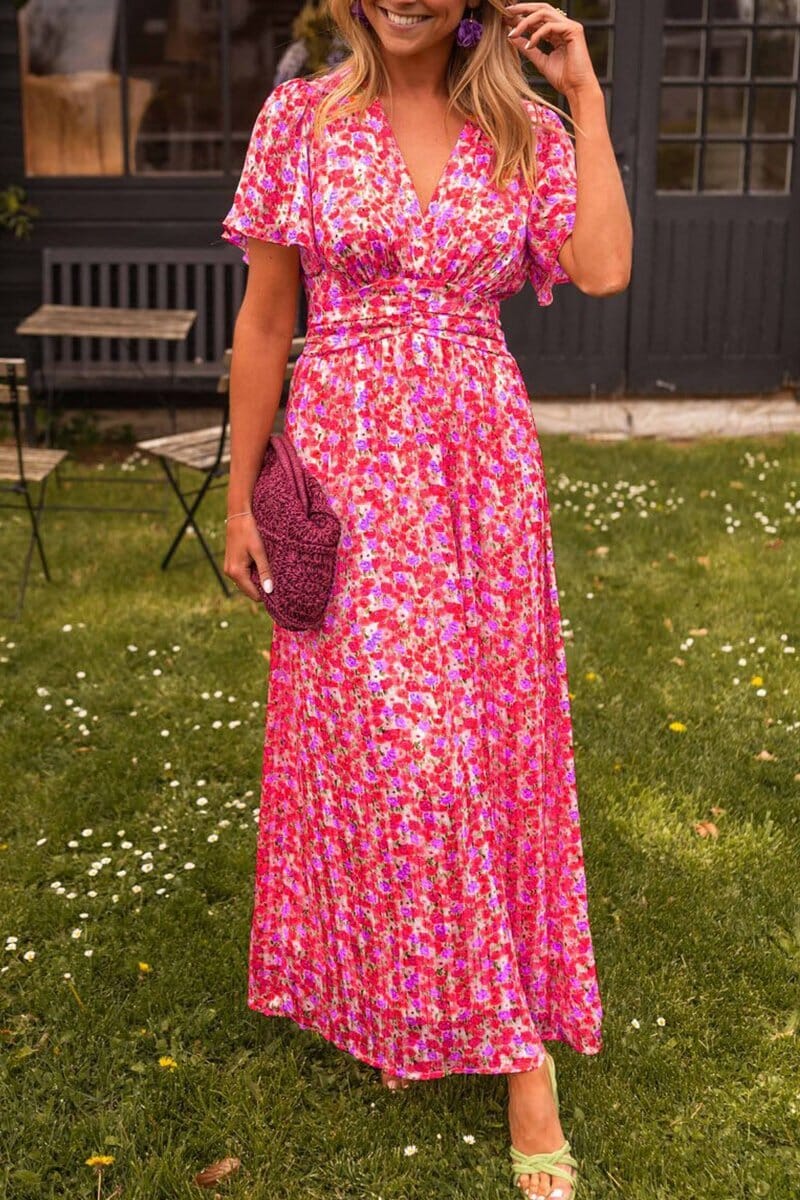 Sandra | Maxi Wedding Guest Dress with Floral Print and V-Neck