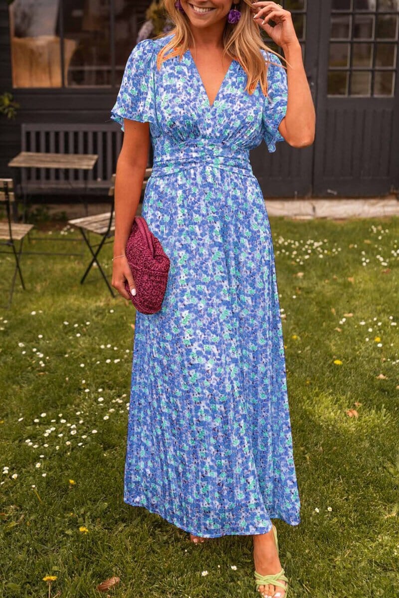 Sandra | Maxi Wedding Guest Dress with Floral Print and V-Neck