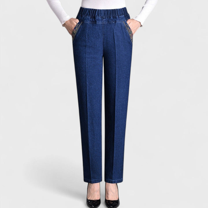 Edna | Straight Leg Trousers with Elastic Waist and Embroidered Pockets