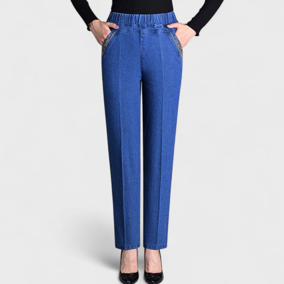 Edna | Straight Leg Trousers with Elastic Waist and Embroidered Pockets