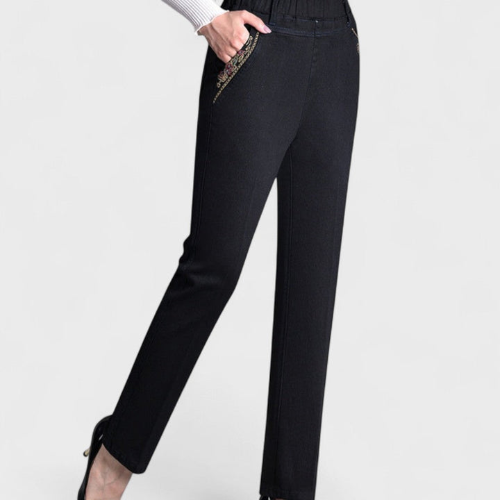 Edna | Straight Leg Trousers with Elastic Waist and Embroidered Pockets