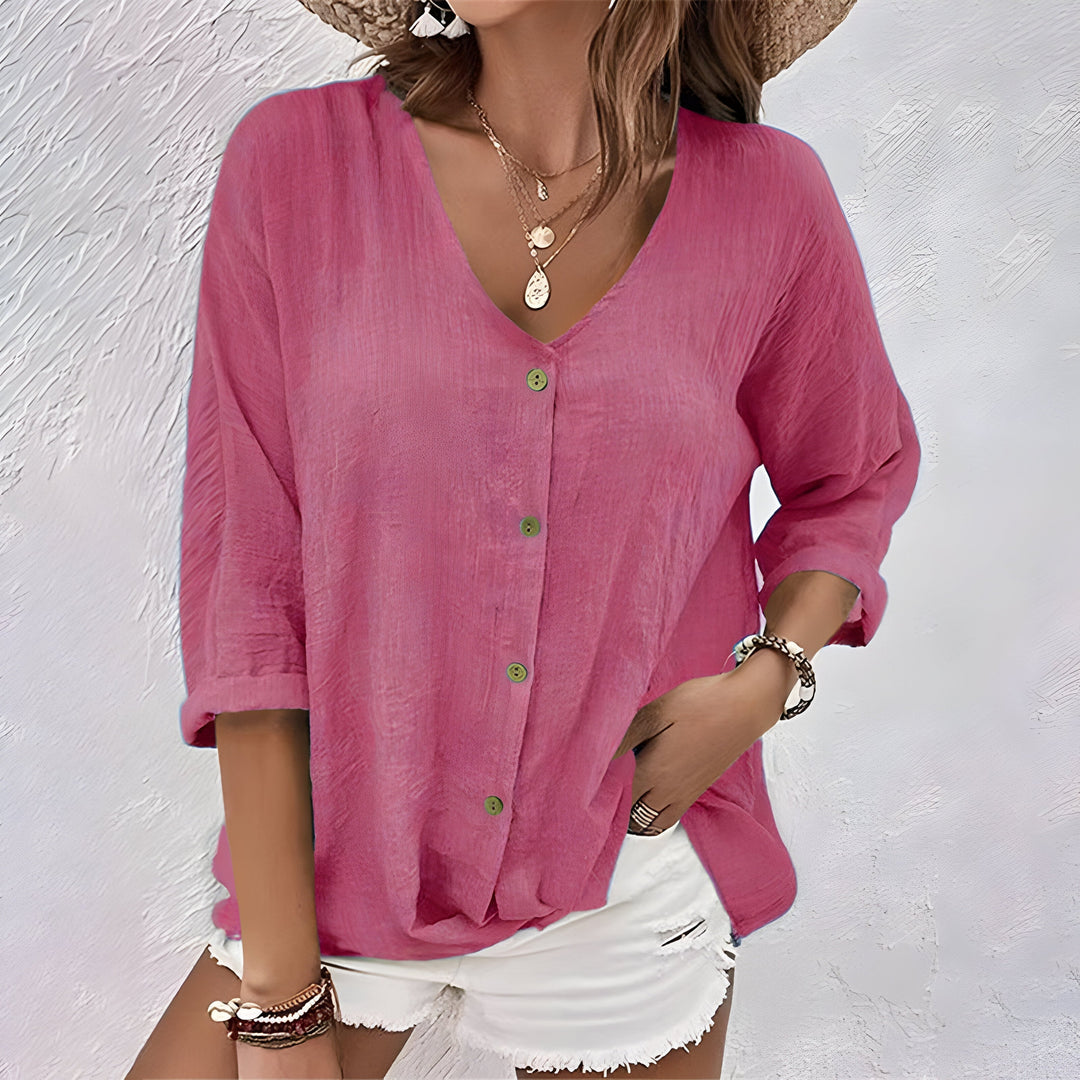 Suki | V Neck Blouse with Three Quarter Sleeves and Button Front