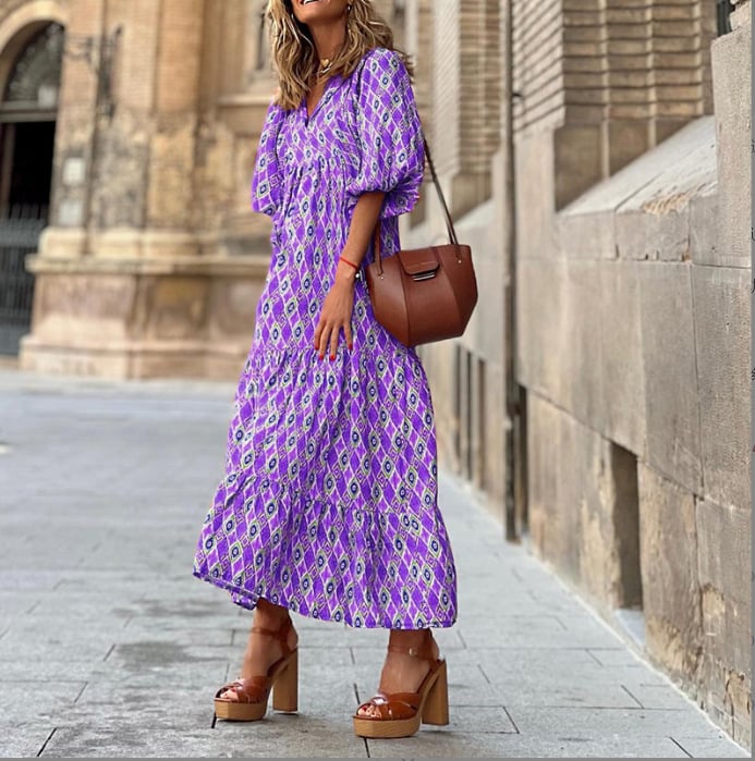 Lucy | Maxi Summer Dress with Boho Print and Puff Sleeves
