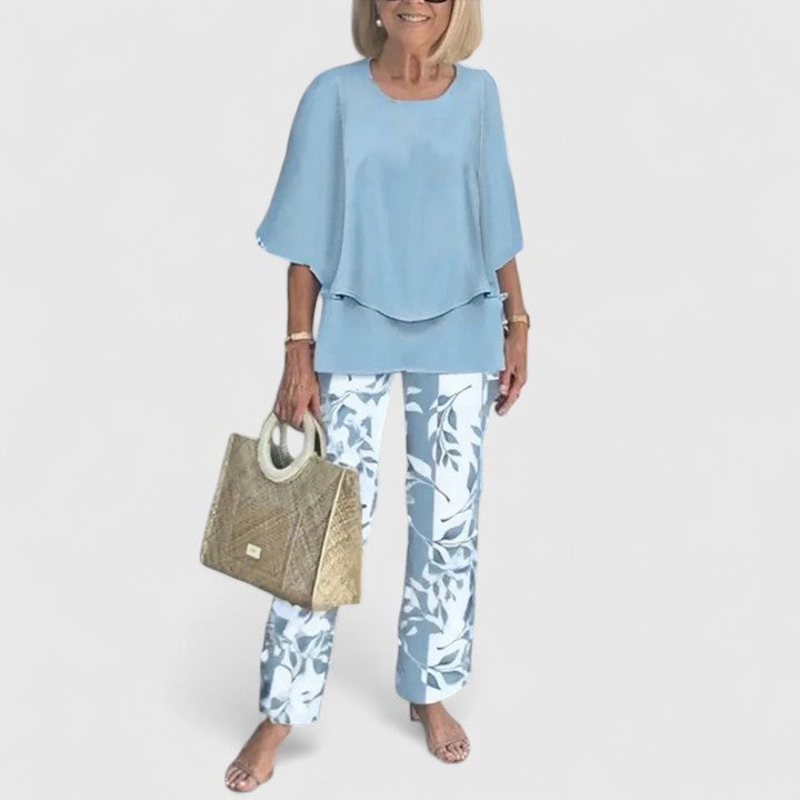 Joan | Matching Set with Leaf Print Trousers and Layered Top