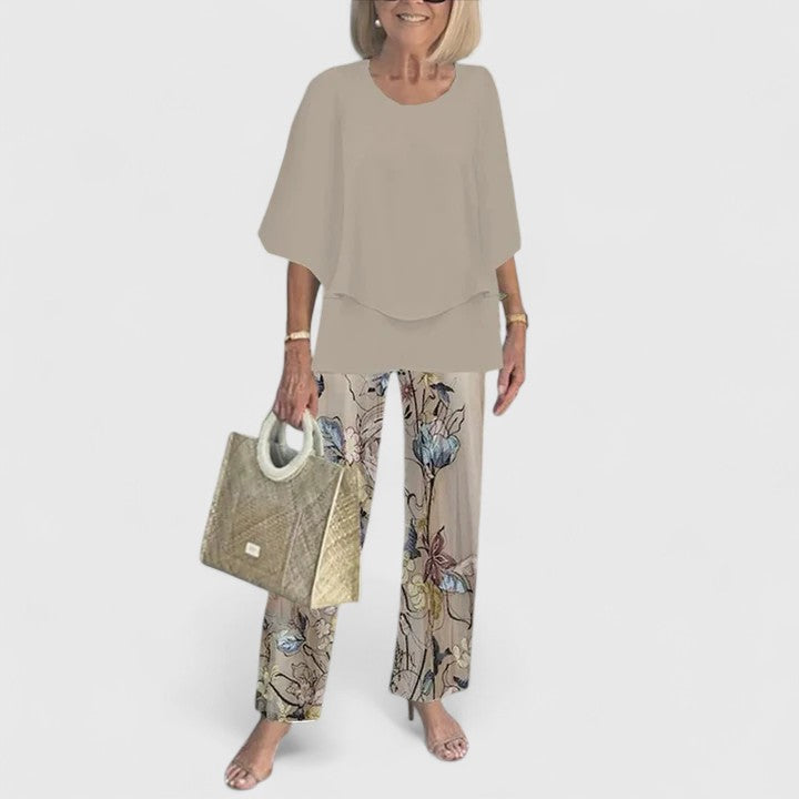 Joan | Matching Set with Leaf Print Trousers and Layered Top