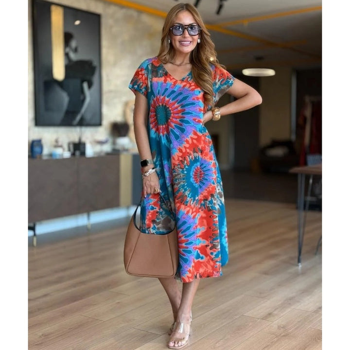 Lily | Midi Summer Dress with Sunflower Print and Short Sleeves