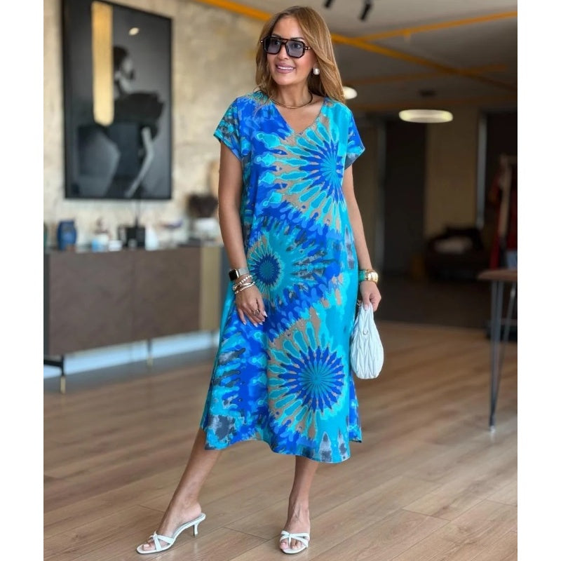 Lily | Midi Summer Dress with Sunflower Print and Short Sleeves