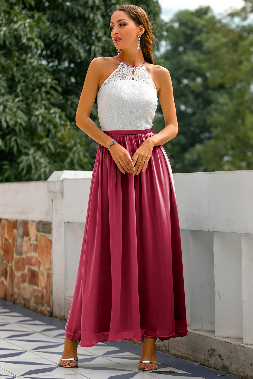 Quinn | Maxi Wedding Guest Dress with Halter Neck and Lace Bodice