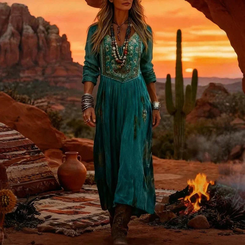 Tamara | Boho Midi Dress V-Neck Embroidered