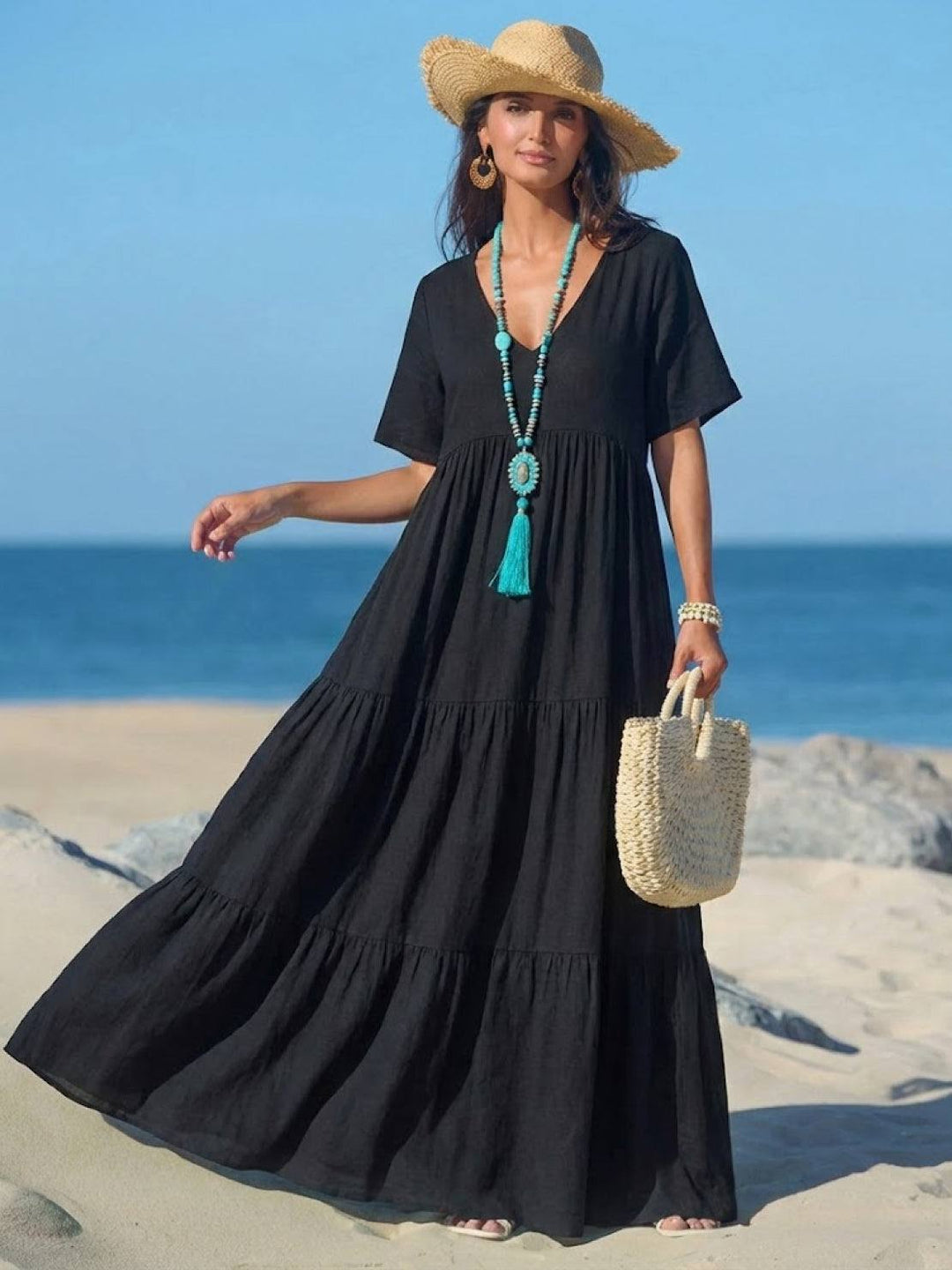 Nora | Boho Midi Dress V-Neck Tiered