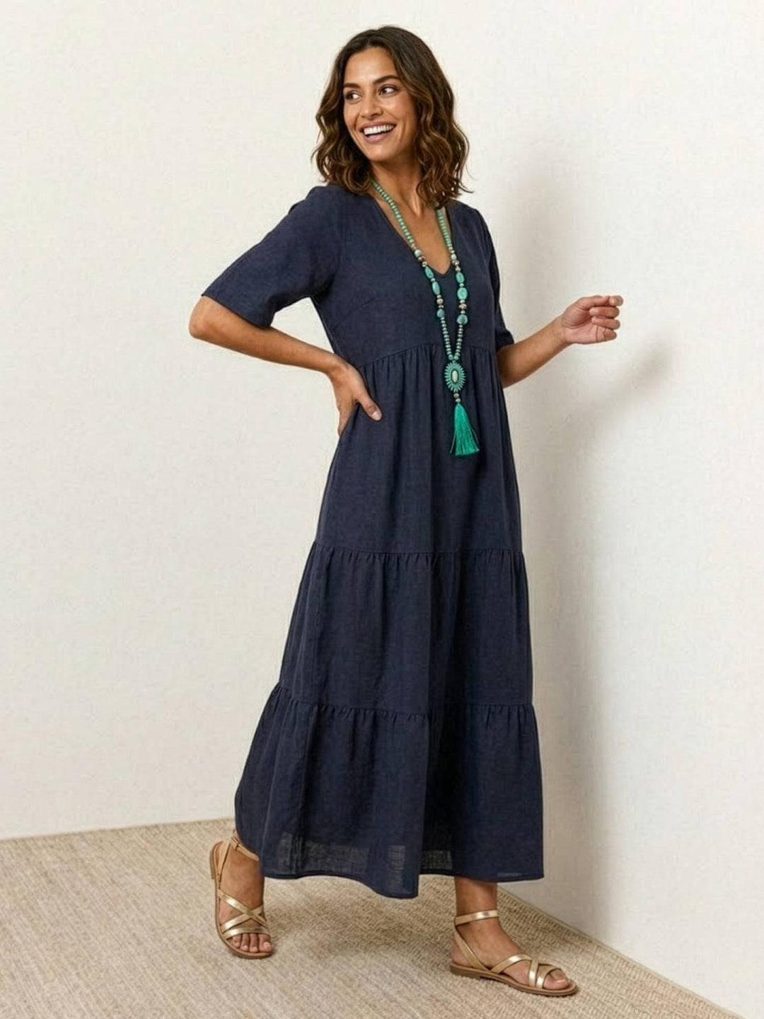 Nora | Boho Midi Dress V-Neck Tiered