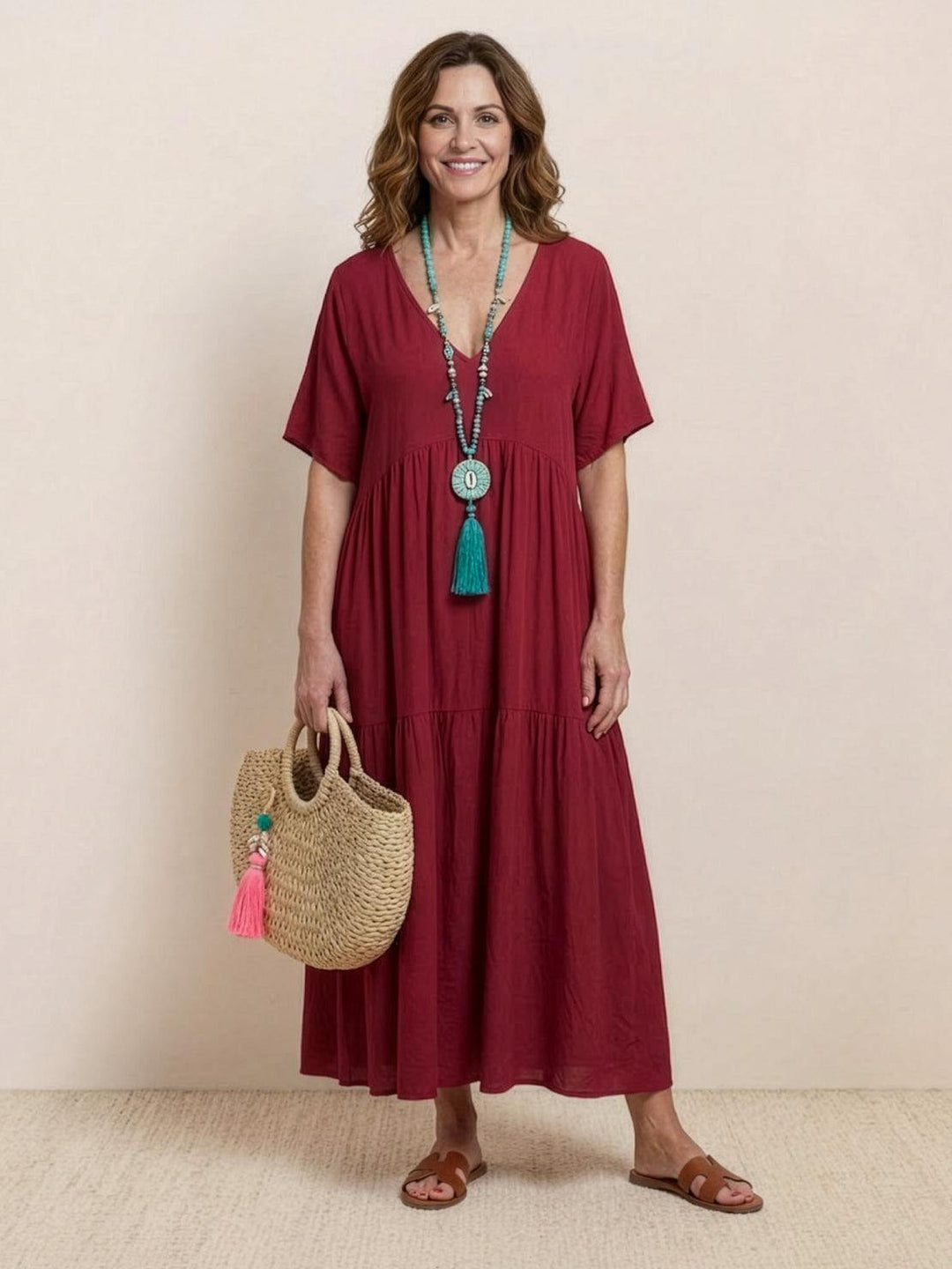 Nora | Boho Midi Dress V-Neck Tiered