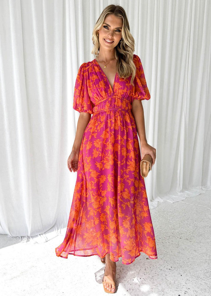 Isabella | Maxi Wedding Guest Dress with Floral Print and Puff Sleeves