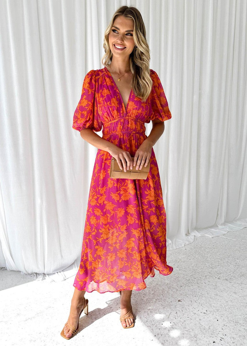 Isabella | Maxi Wedding Guest Dress with Floral Print and Puff Sleeves