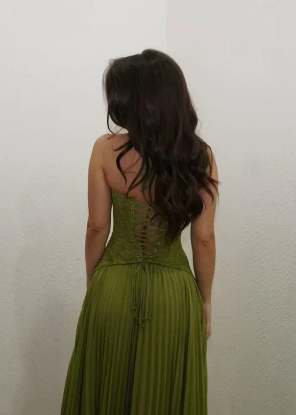 Alice | Maxi Halter Neck Dress with Corset Bodice and Pleated Skirt