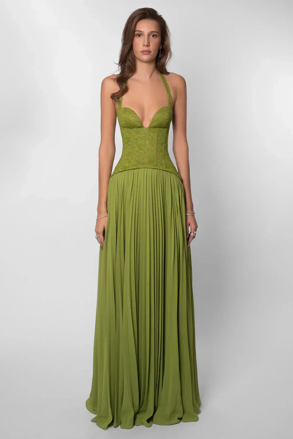 Alice | Maxi Halter Neck Dress with Corset Bodice and Pleated Skirt